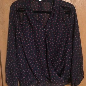 Red/Blue Patterned Blouse with Collarbone detail